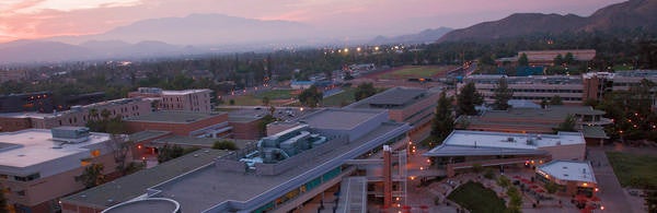 Aerial view of the HUB at dusk (c) UCR